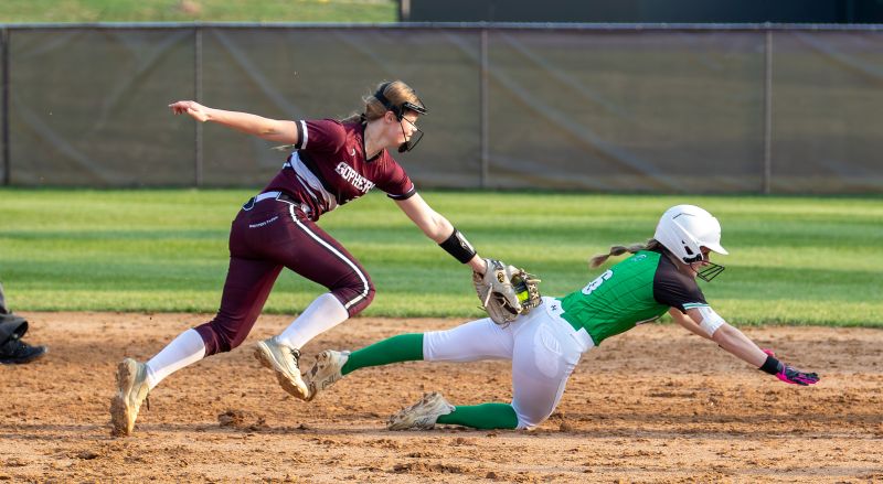 Chatfield’s Caijel Berge tags out La Crescent/Hokah’s Nadia Woodard on the base paths in the Gophers’ 10-1 win. Chatfield improved to 3-1 in the TRC with the win over last year’s TRC-East champs. Photo by Leif Erickson