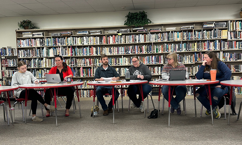 The Houston School Board from left to right: Student Representative Claire Reay, Superintendent Mary Morem, Chair Josh Norlien, Mimi Carlson, Lisa Schultz and Nickki Johnson. Steve Walters attended virtually; Arlin Peterson and Mark Swenson were absent. Photo by Wanda Hanson
