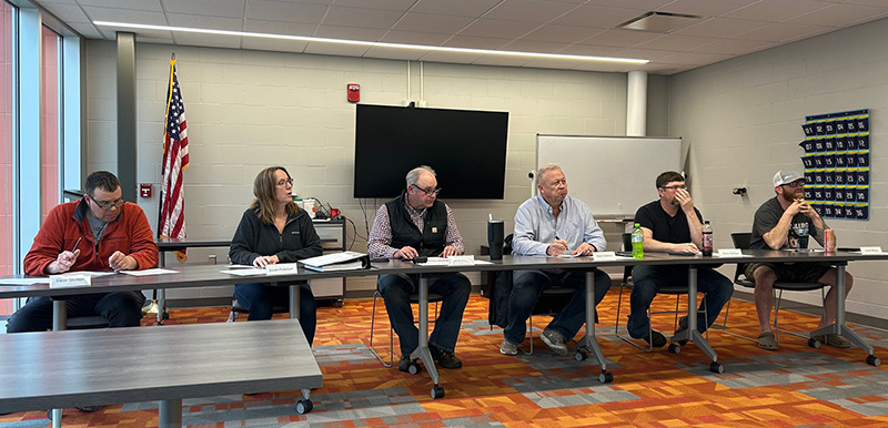 The Lanesboro School Board listens to Superintendent Matt Schultz as he shares information about streaming meetings. From left to right: Steve Storhoff, Sarah Peterson , Chair Steve Snyder, Matt Holmen, Kevin Horihan and Lucas Bergo. Photo by Wanda Hanson