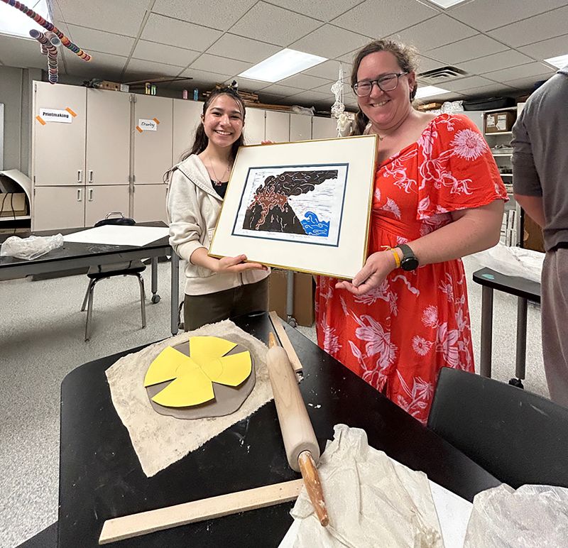 Sanny Rafael and Coach Stena Lieb with her print inspired by “The Great Wave off Kanagawa.” Photos submitted