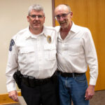 Chatfield Mayor John McBroom welcomes Scott Keigley as police chief. Photo by Leif Erickson