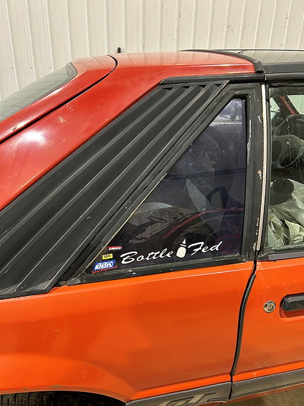 The Mustang was bottle fed when Matt raced at Rock Falls; he used a bottle of nitrous oxide to increase the Mustang’s speed. Photo by Wanda Hanson