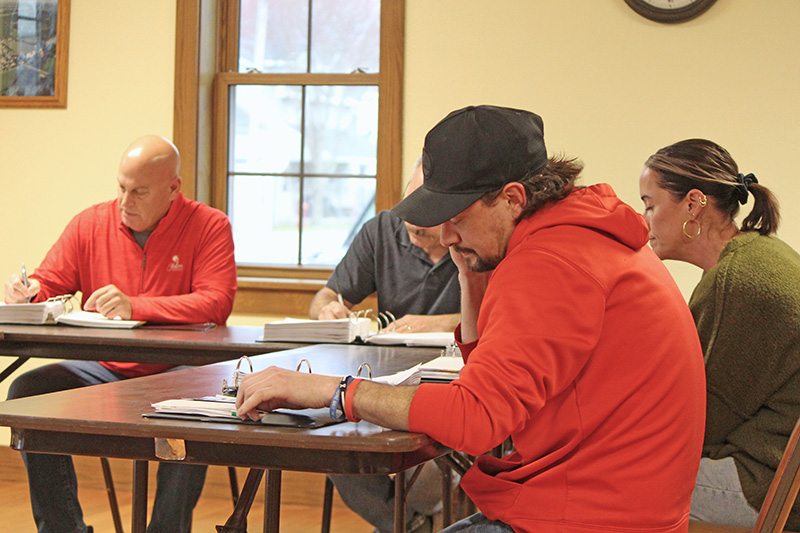 The Peterson Council at the April 8 meeting, clockwise from left: Mayor Chris Stenzel and Coucilors Tracy Seelbinder, Kristina Grindland, and Justin Simon. Absent from the meeting was Councilor Gail Boyum. Photo by Kirsten Zoellner