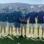 Rushford-Peterson boys golf won a home seven-team tourney, beating nearest foe Lanesboro 314 to 357. Team members and coaches above are (left to right) head coach Luke Rye, Gus Hoiland, Kellen Drinkall, Jace Dvorak, medalist Jaxson Meldahl, Sam LaFleur, Will LaFleur and assistant coach Andrew Hoiness. Photo submitted