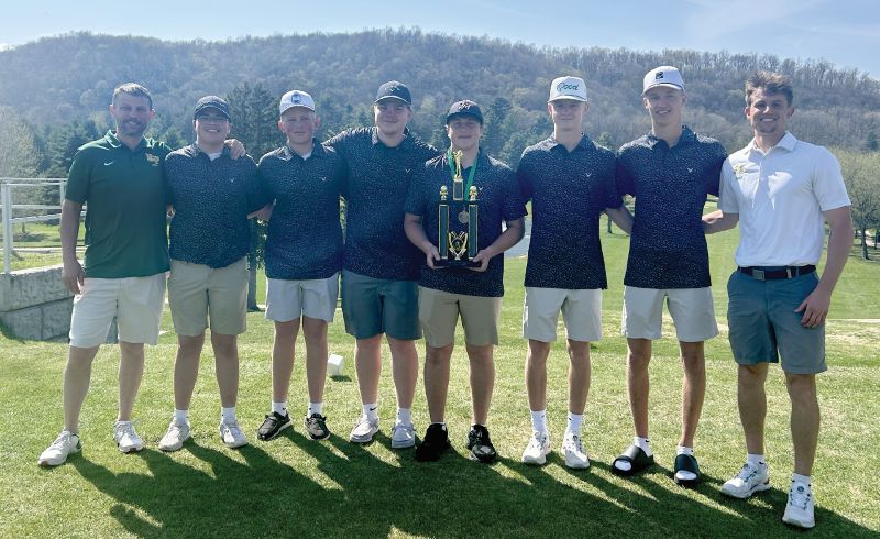 Rushford-Peterson boys golf won a home seven-team tourney, beating nearest foe Lanesboro 314 to 357. Team members and coaches above are (left to right) head coach Luke Rye, Gus Hoiland, Kellen Drinkall, Jace Dvorak, medalist Jaxson Meldahl, Sam LaFleur, Will LaFleur and assistant coach Andrew Hoiness. Photo submitted