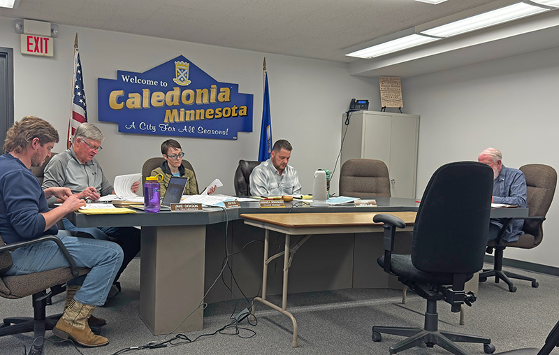 In attendance at the April 27 Caledonia City Council meeting were, from left to right: City Clerk/Administrator Jake Dickson, Councilors Bob Klug and Amanda Ninneman, Mayor Jeremy Leis, and Councilor John Rauk. Photo by Charlene Corson Selbee